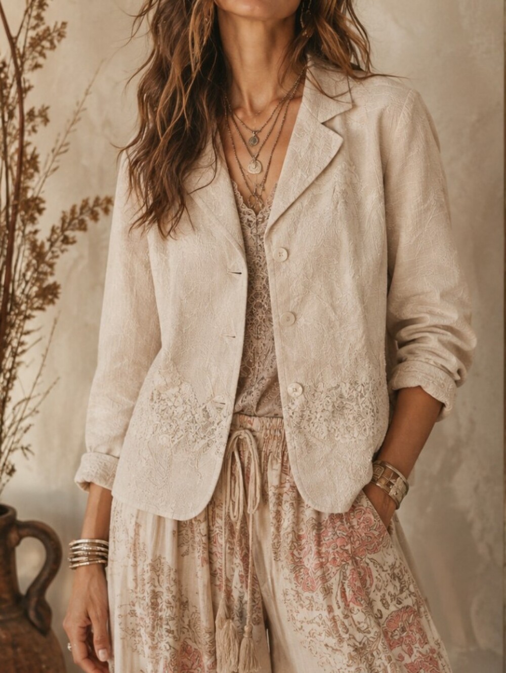 New Coldwater Creek Cotton Tan Eyelet Floral Stripe Brown Cream Coat Large - Picture 11 of 11